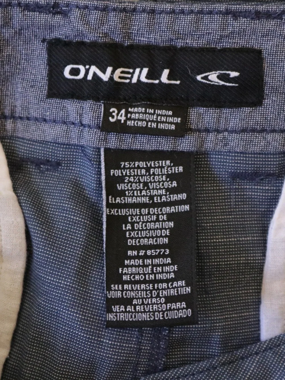 O'Neill Men's Size 34 Blue Chambray Flat Front Chino Walk Shorts Casual Preppy